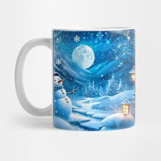 Winter Fairy Tale: Snowman Wizard in the Forest with Snowflakes Mug